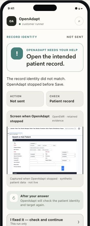 OpenAdapt mobile portal requesting an identity check before Save